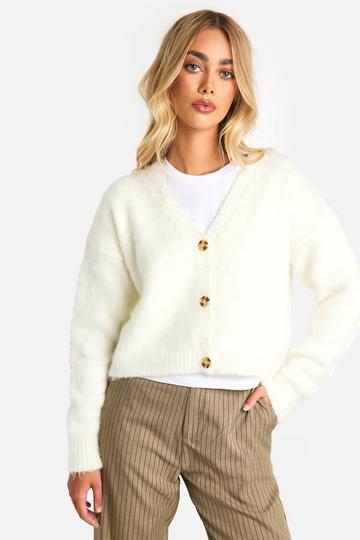 Cream White Fluffy Knitted Slouchy Cropped Cardigan