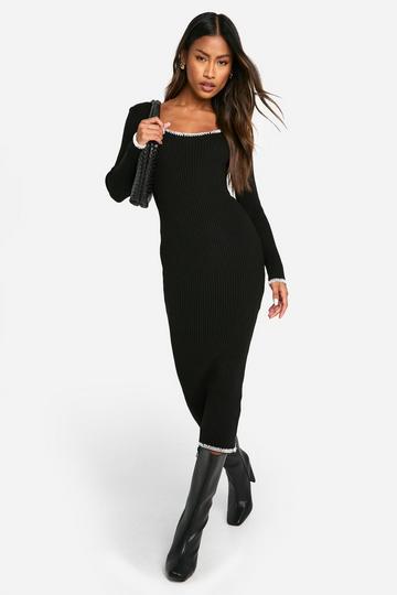 Rib Knitted Blanket Stitch Midaxi Dress black