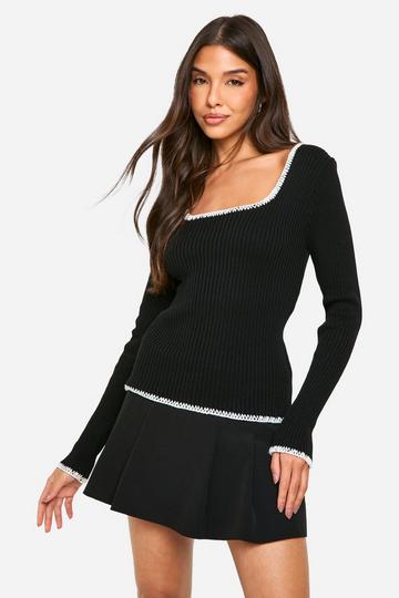 Rib Knitted Blanket Stitch Jumper black