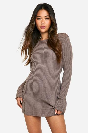 Rib Knit Flare Sleeve Mini Dress mocha