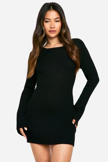 Rib Knit Flare Sleeve Mini Dress black