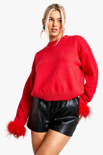 Feather Cuff Detail Knitted Cropped Jumper red