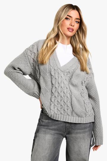 Premium Cable Knitted V Neck Jumper grey marl