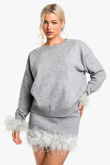 Feather Cuff Detail Knitted Oversized Jumper grey