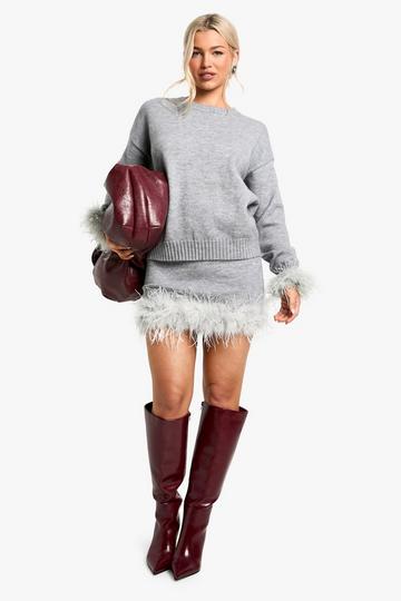 Grey Feather Hem Detail Knitted Mini Skirt