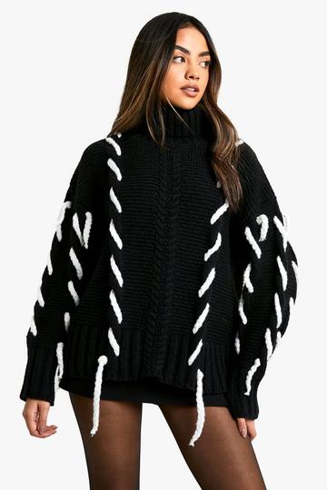 Black Chunky Roll Neck Knitted Contrast Stitch Jumper