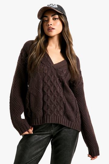 Premium Cable Knitted V Neck Jumper chocolate