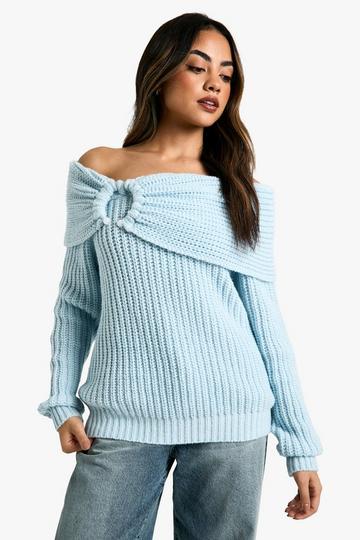 Chunky Bardot Knitted Cosy Jumper dusty blue