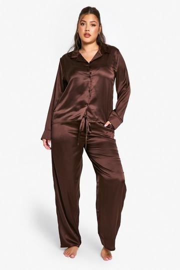 Plus Satin Pants Pj Set chocolate