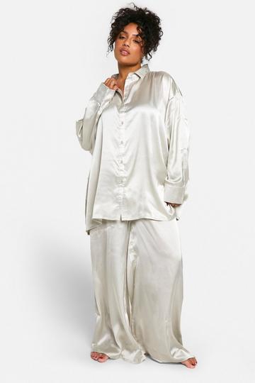 Plus Satin Oversized Button Shirt & Trouser PJ set silver