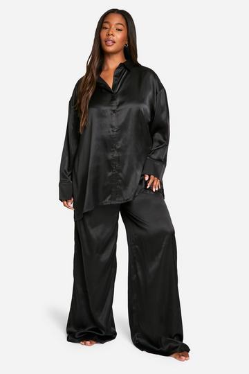 Plus Oversized Satijnen Blouse Met Knopen En Broek Pyjama Set black