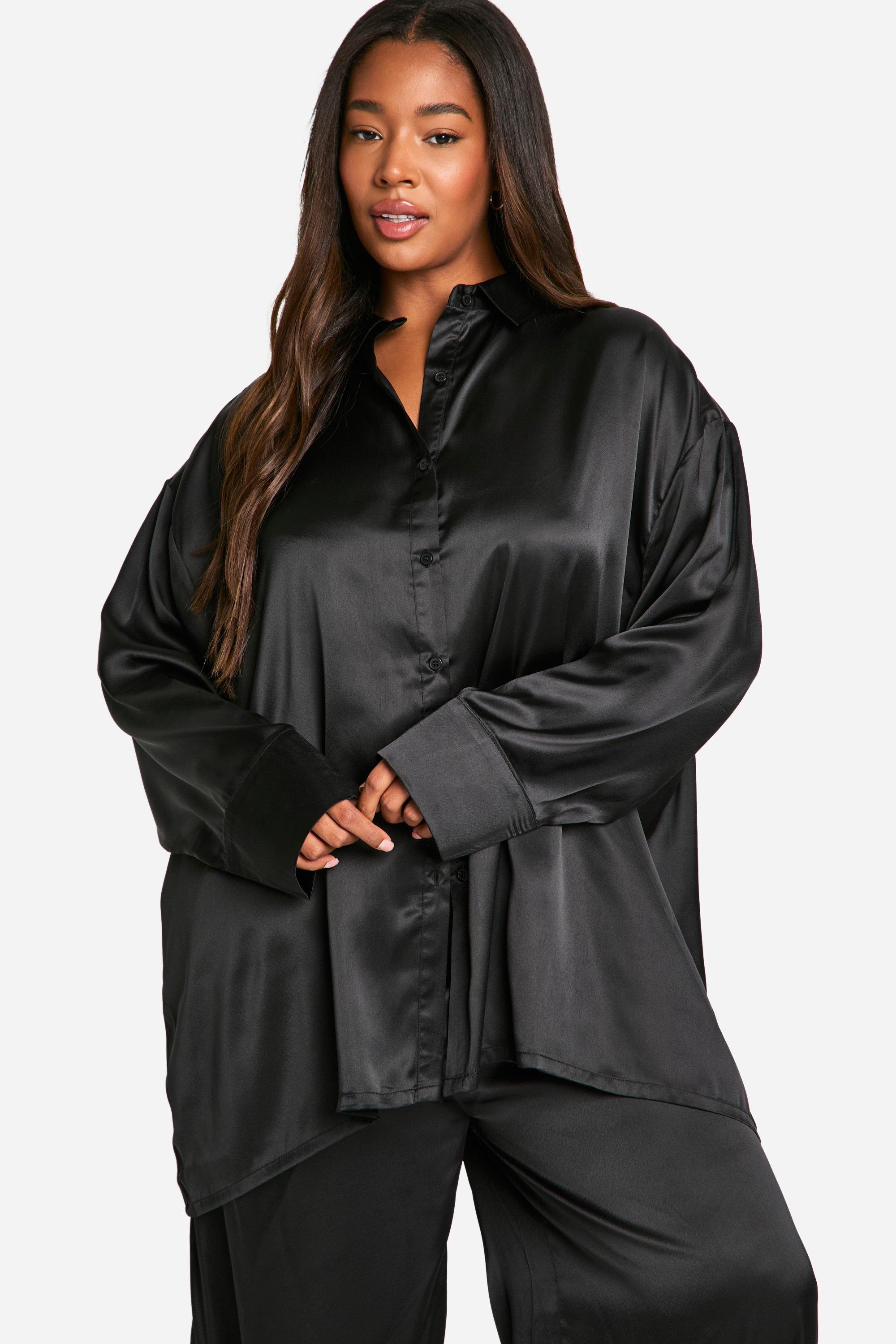 Plus Satin Oversized Button Shirt Trouser PJ set boohoo UK