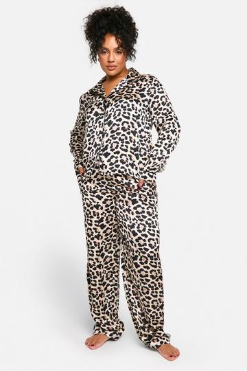 Plus Leopard Satin Pants Pj Set leopard