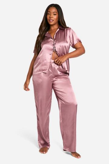 Plus Tie Front Satin Top & Pj Trouser Set mauve