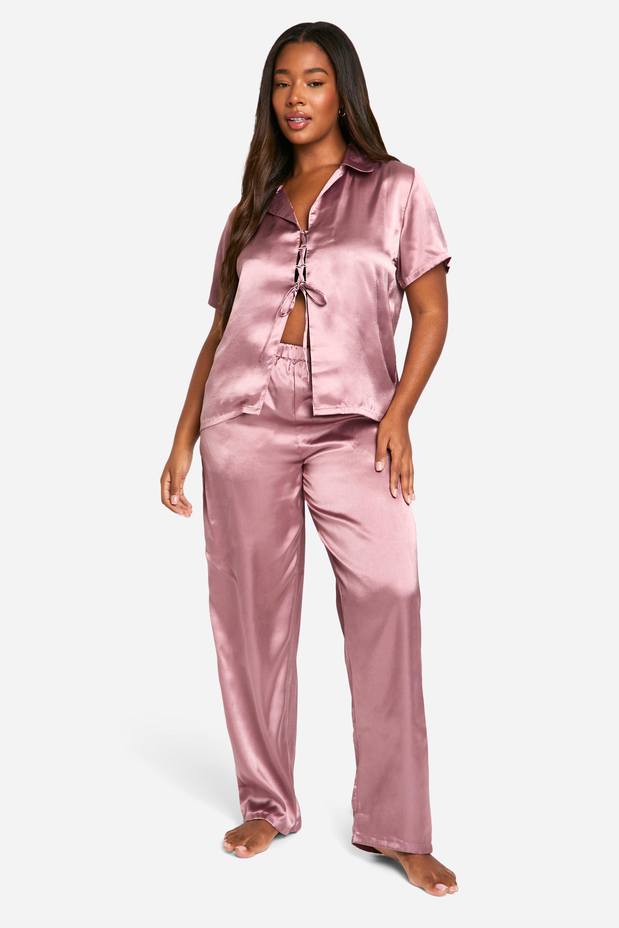 Plus Tie Front Satin Top Pj Trouser Set boohoo