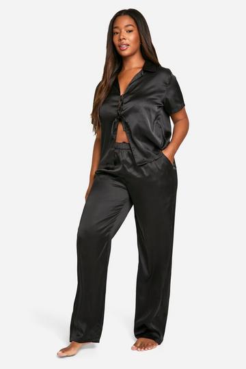 Plus Tie Front Satin Top & Pj Trouser Set black