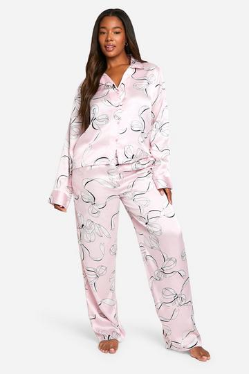 Plus Bow Print Satin Pj Pants Set pink