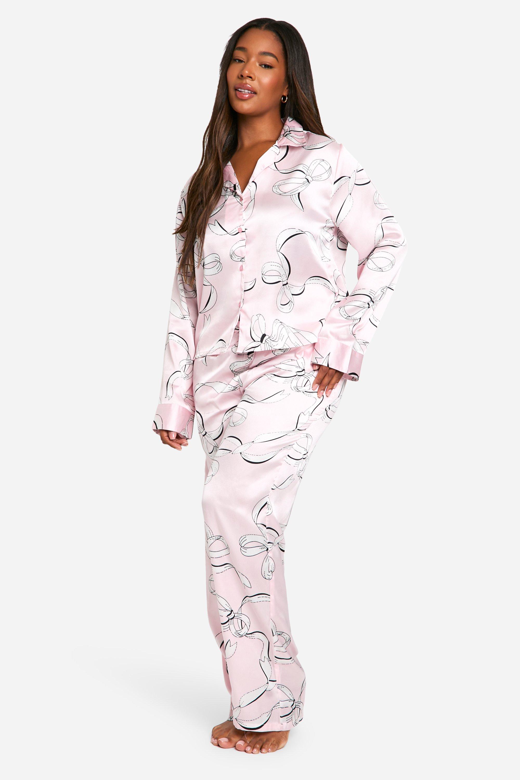 Plus Bow Print Satin Pj Trouser Set boohoo