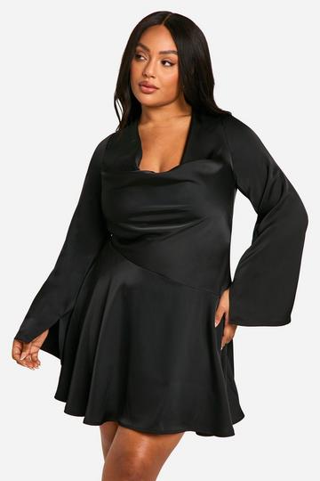 Plus Premium Satin Cowl Neck Skater Dress black