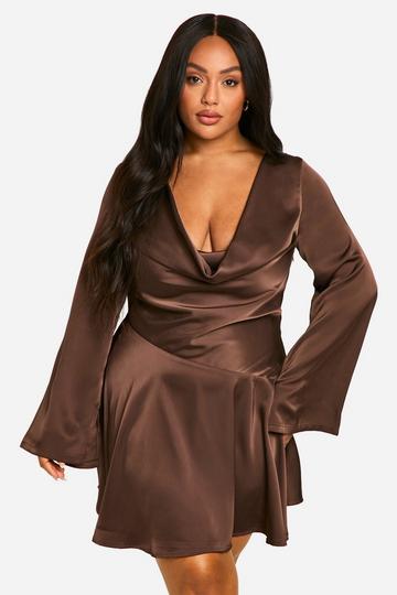 Plus Premium Satin Cowl Neck Skater Dress chocolate