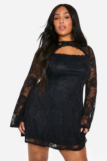 Black Plus Lace Flared Sleeve Skater Dress