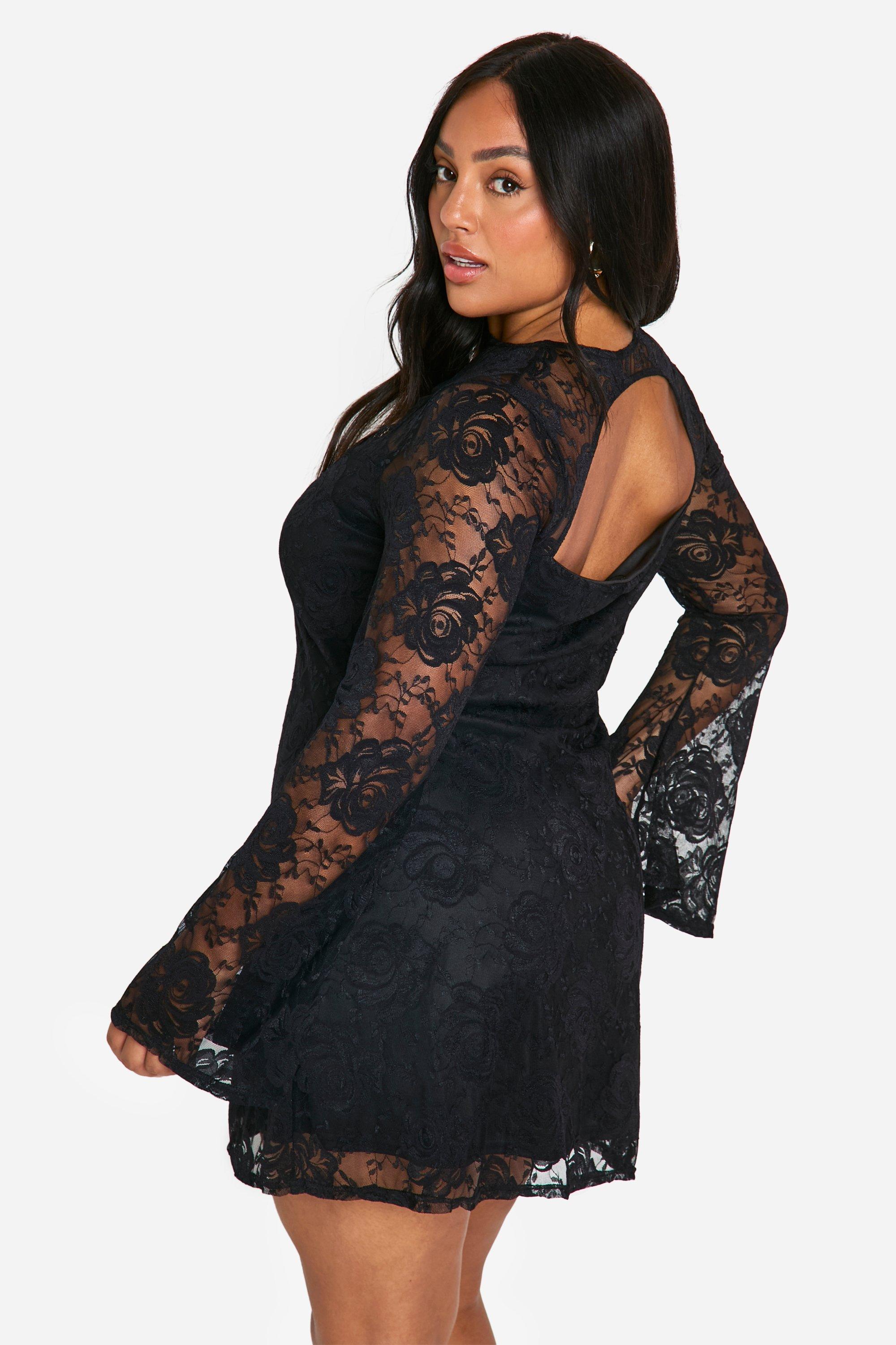 Black skater dress with lace sleeves sales