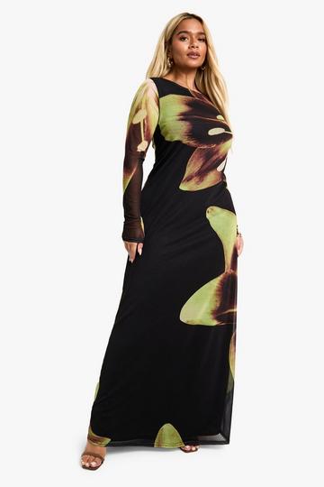 Black Plus Mesh Low Back Column Maxi Dress