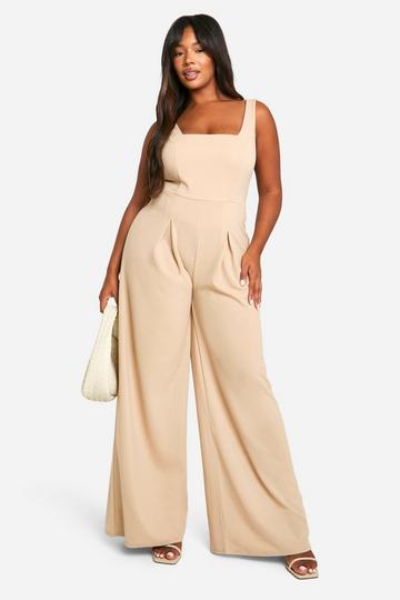 Plus Pleated Wide Leg Jumpsuit stone