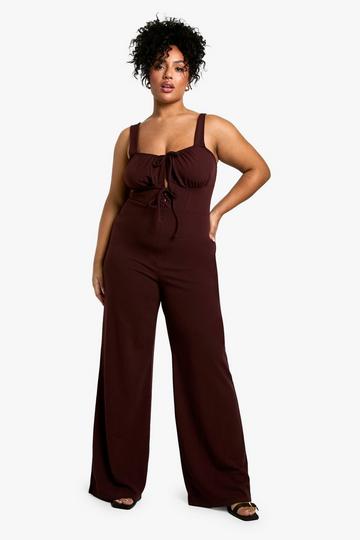 Plus Lace Up Detail Wide Leg Jumpsuit chocolate