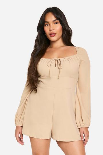 Stone Beige Plus Tie Front Detail Blouson Sleeve Playsuit