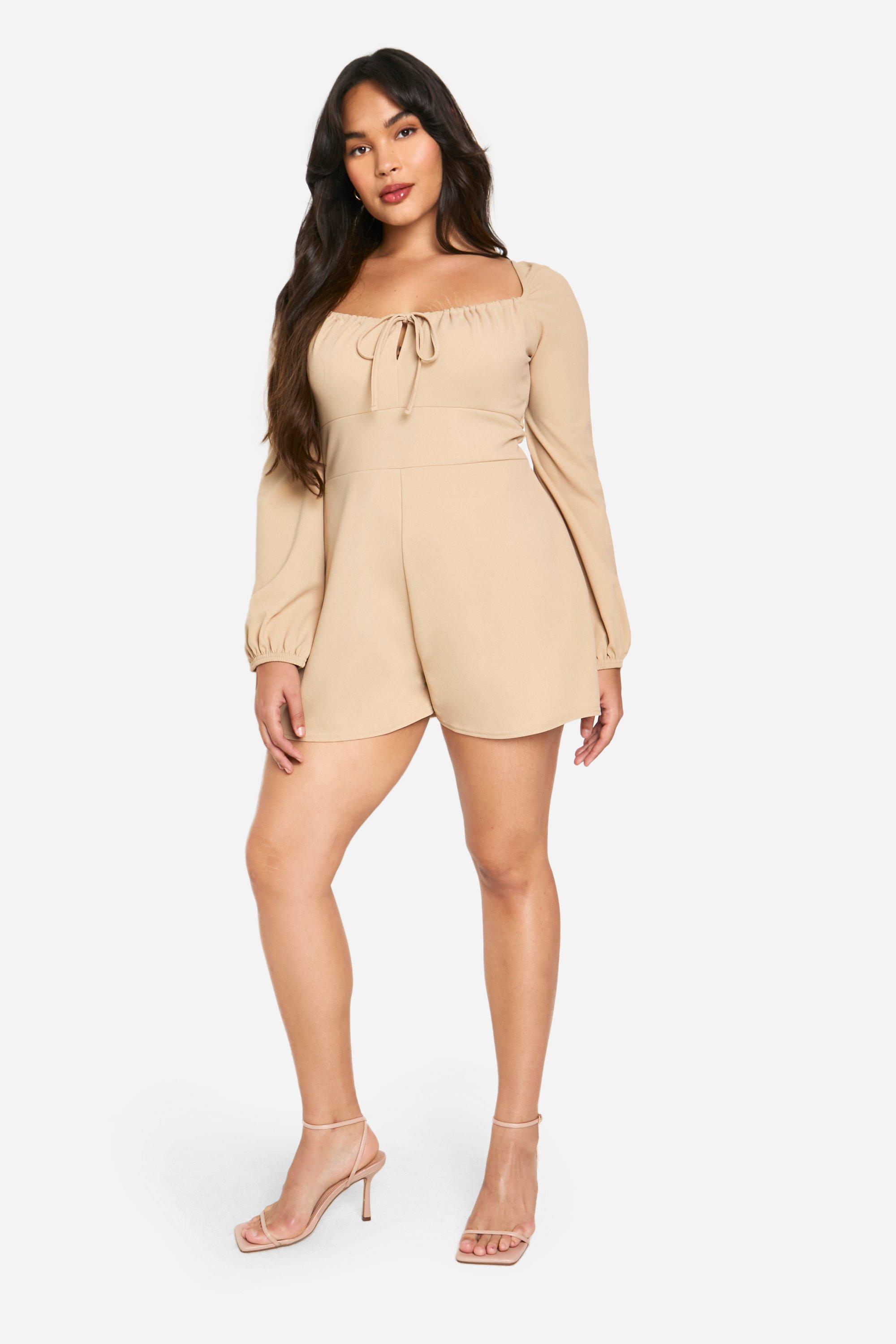 boohoo Plus Tie Front Detail Blouson Sleeve Romper Beige Size 20