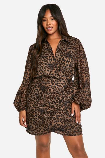 Multi Plus Leopard Print Blouson Sleeve Wrap Dress