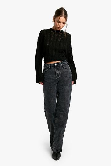 Basic Jeans Met Hoge Taille, Split En Rechte Pijpen washed black