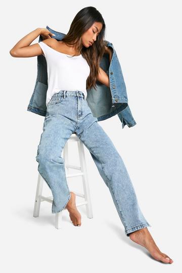 Basic Jeans Met Hoge Taille, Split En Rechte Pijpen light blue