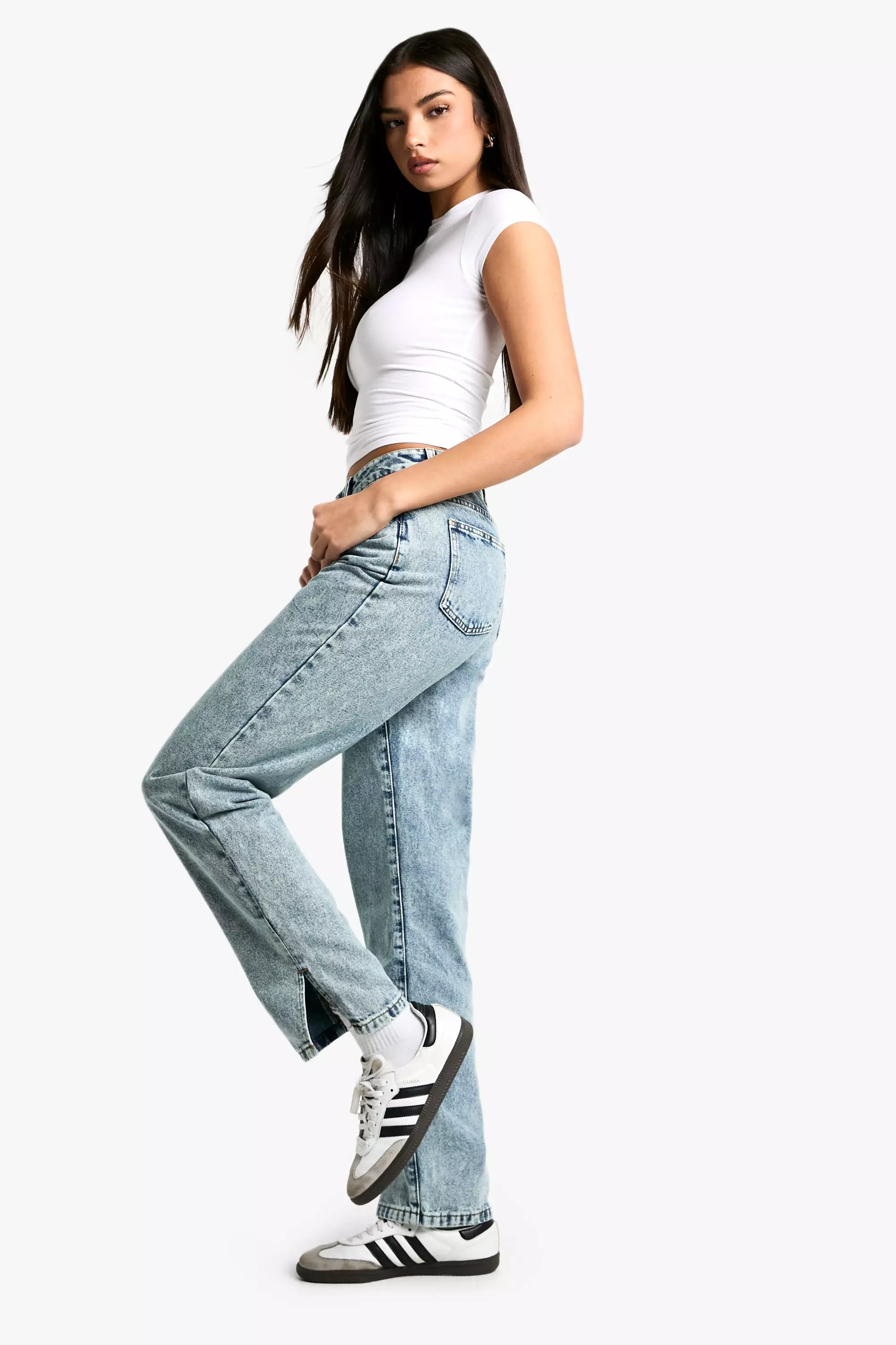 Light blue Basics High Waisted Split Hem Straight Leg Jeans alternative image