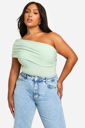 Sage Green Plus Ruched Side Ruched Bardot Bodysuit