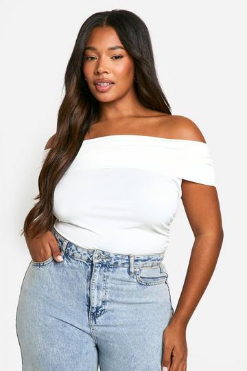 Plus Bardot Ruched Curved Hem Top ivory