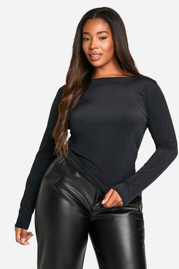 Black Plus Long Sleeve Ruched Asymmetric Top