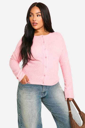 Plus Brushed Rib Button Through Cardigan baby pink