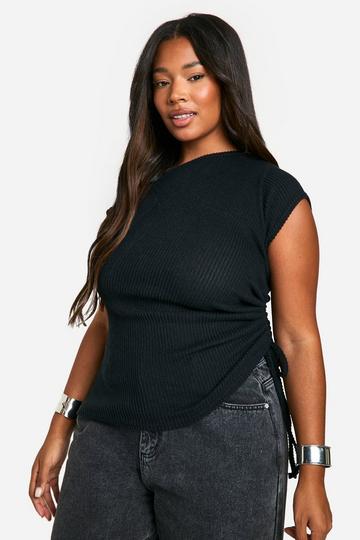 Plus Geborstelde Geribbelde Asymmetrische Geplooide Top black