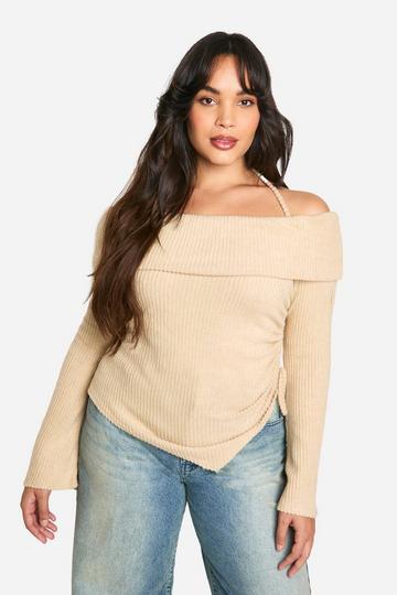 Plus Brushed Bardot Ruched Side Top oatmeal