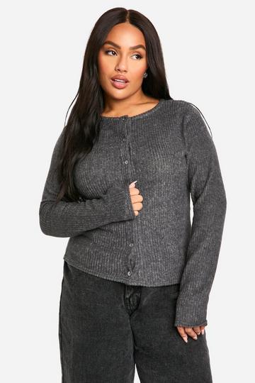 Plus Geborstelde Geribbelde Cardigan Met Knopen charcoal