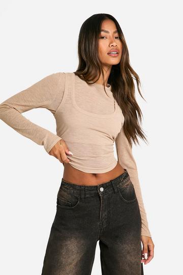 Textured Mesh 2 Layer Long Sleeve Top stone