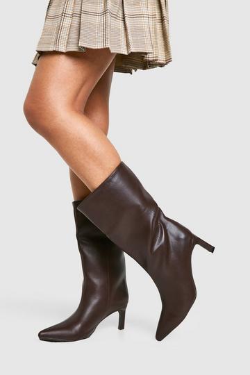 Chocolate Brown Textured Leather Look Column Calf Boot