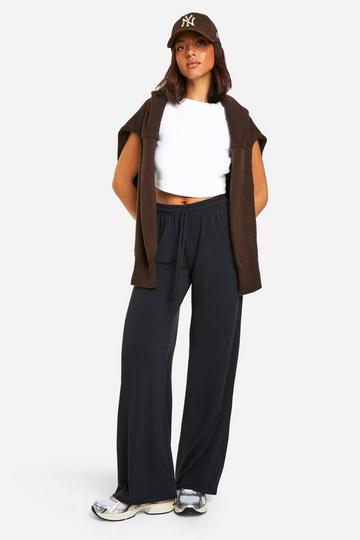 Peached Jersey Knit Gathered Waist Wide Leg Pants true black