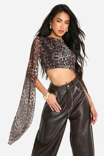 Leopard Print Mesh Drape Sleeve Top leopard