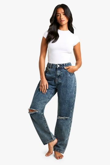 Petite Basics High Waisted Ripped Mom Jean vintage wash
