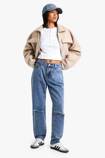 Petite High Waist Distressed Mom Jeans vintage blue