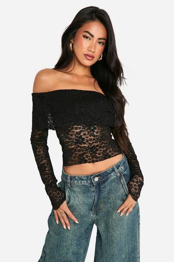 Black Lace Bardot Foldover Long Sleeve Top