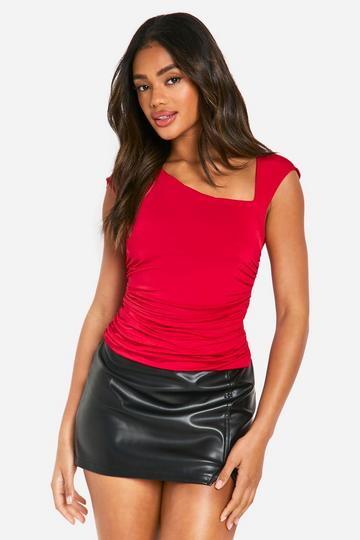 Double Layer Asymmetric Cap Sleeve Top red